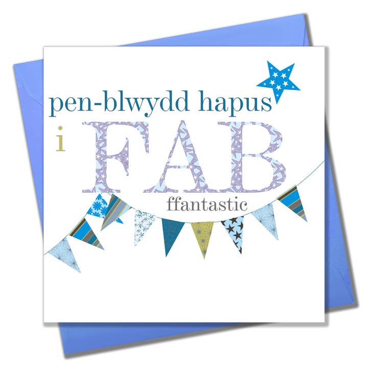 Claire Giles Ltd – wholesale Födelsedagskort – Welsh Son födelsedagskort, Penblwydd Hapus Mab, Blå Flaggor