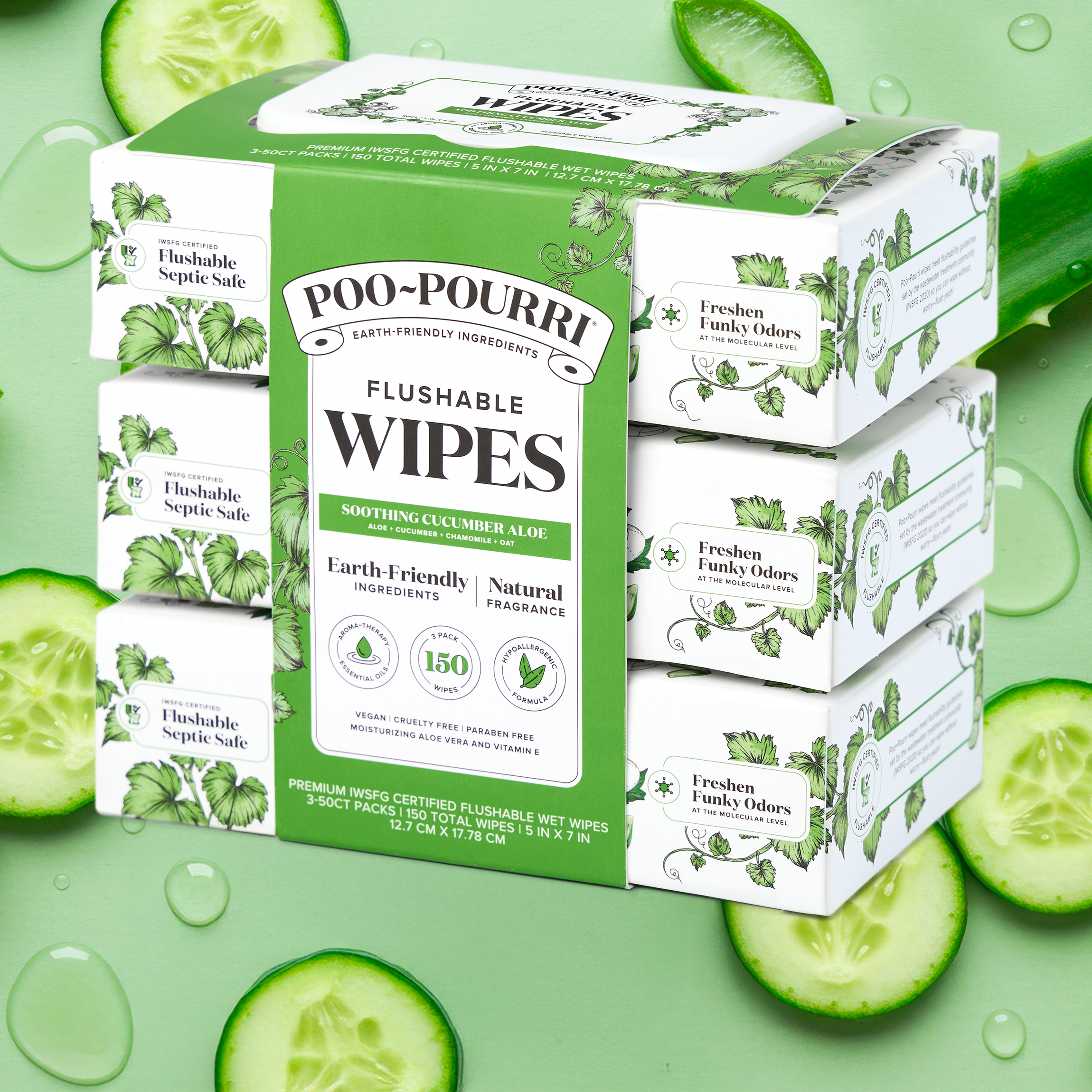 ~Pourri - Wholesale Face & Body Wipes - Cucumber Aloe Poo~Pourri Flushable Wipes 3-Pk (150 wipes)1