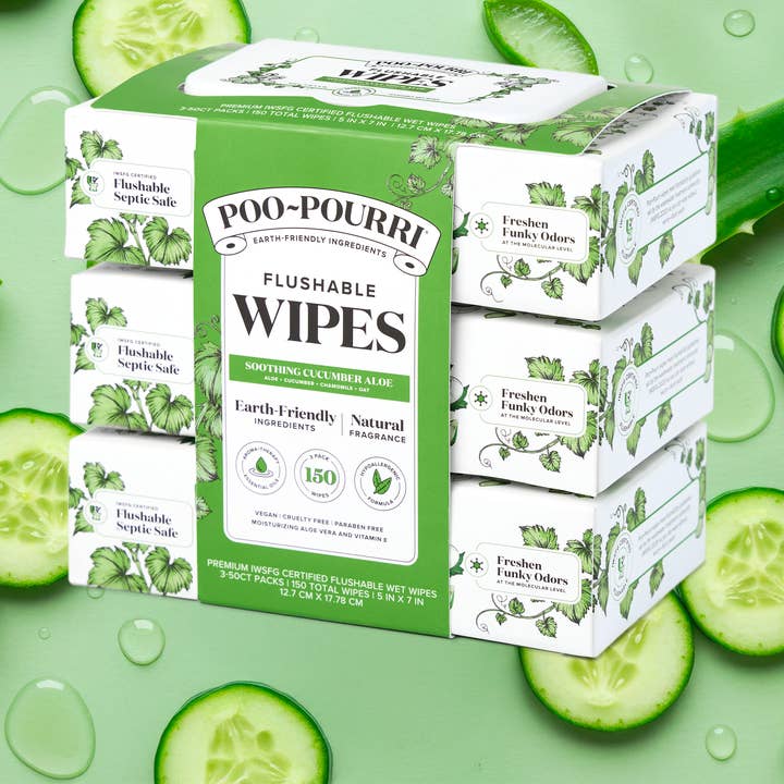 ~Pourri - Wholesale Face & Body Wipes - Cucumber Aloe Poo~Pourri Flushable Wipes 3-Pk (150 wipes)1