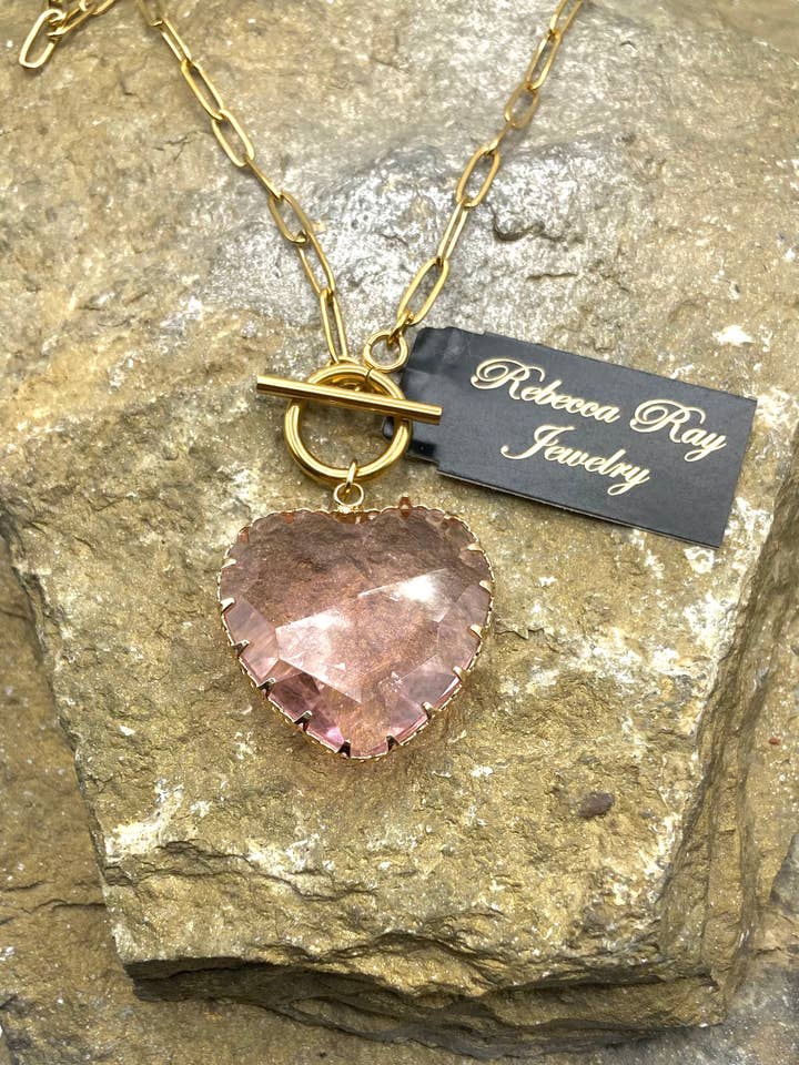 Gold Toggle Necklace with Pronged Crystal Heart Pendant for wholesale by Rebecca Ray Jewelry