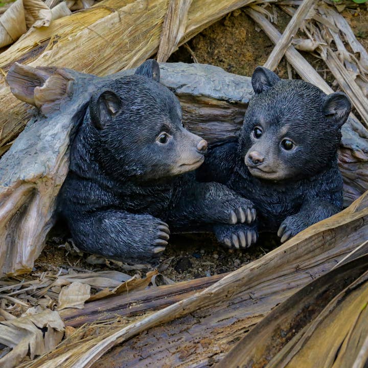 Hi-Line Gift Ltd. - Wholesale Outdoor Ornament/Decor - Black Bear Cubs Hiding Under Log Statue