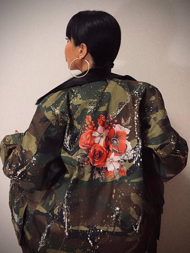 GLAM CAMOUFLAGE JACKET WITH PATCH, RHINESTONES AND PAINTED GLITTER for wholesale by apiedinudinelparco