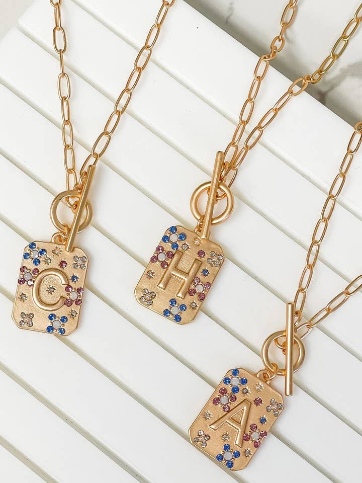 Gold Pave Medallion Initial Necklaces for wholesale by Prep Obsessed Wholesale
