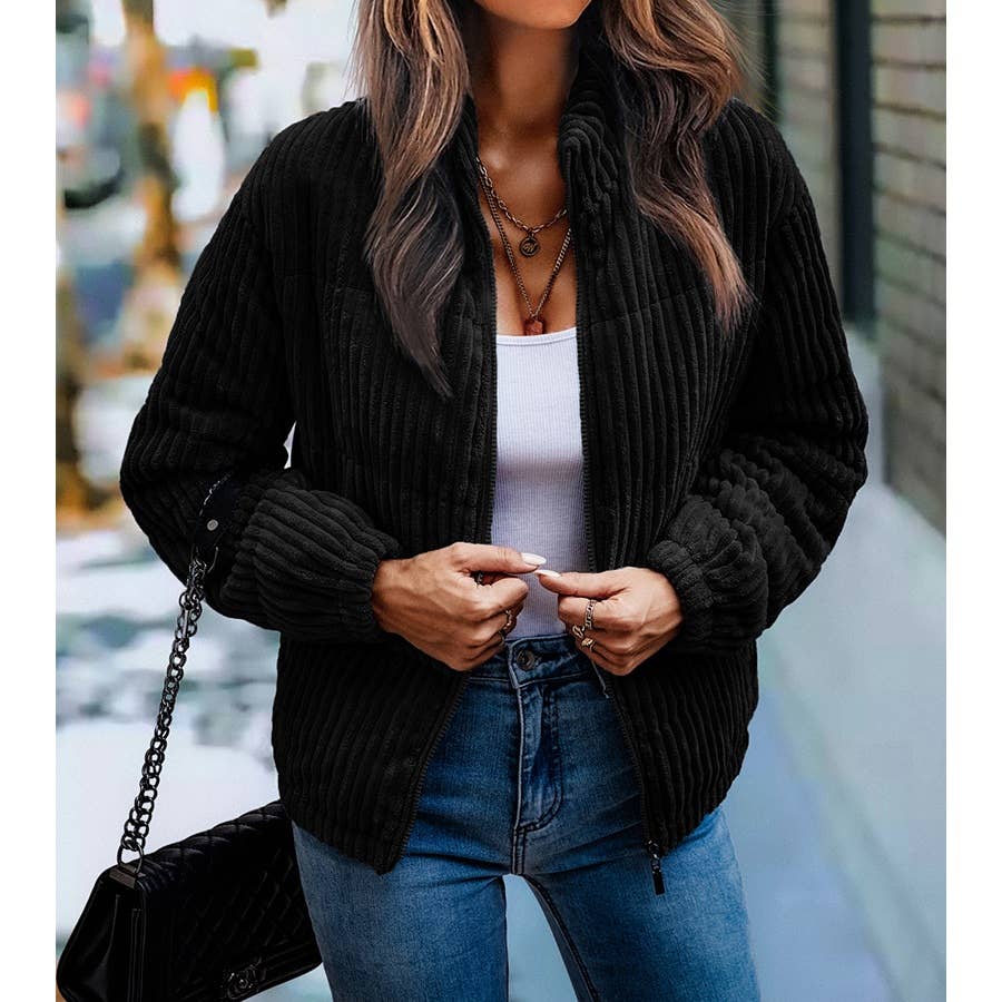 Gray Fuzzy Pocket Zipper Strip Coat Jacket for wholesale on Faire2