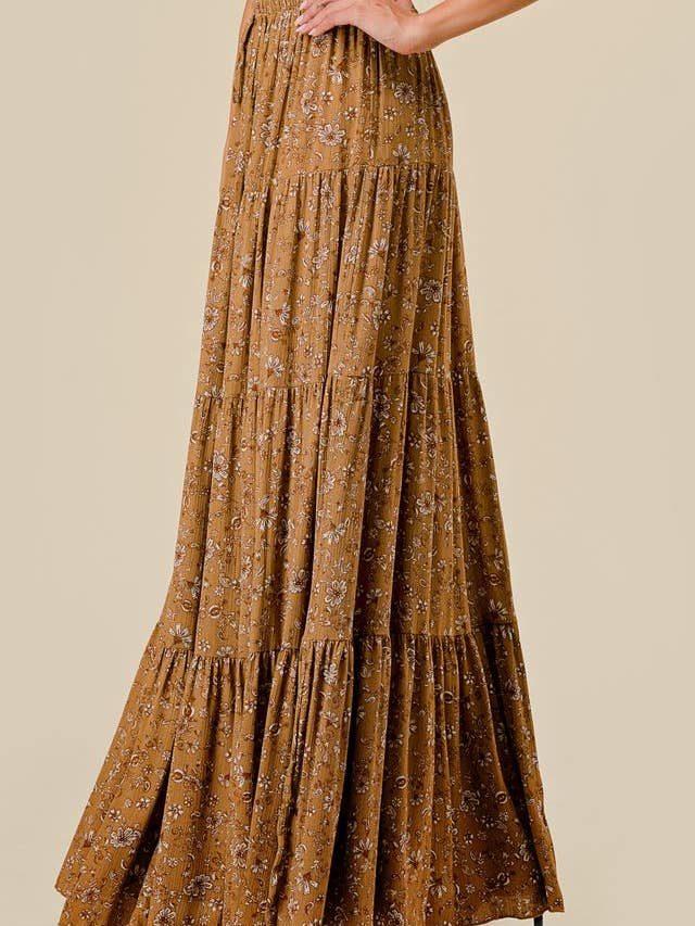 Saints & Hearts - Wholesale Skirt - Women's - SS1147G MUSTARD/GOLD PAISLEY PRINT TIERED MAXI SKIRT
