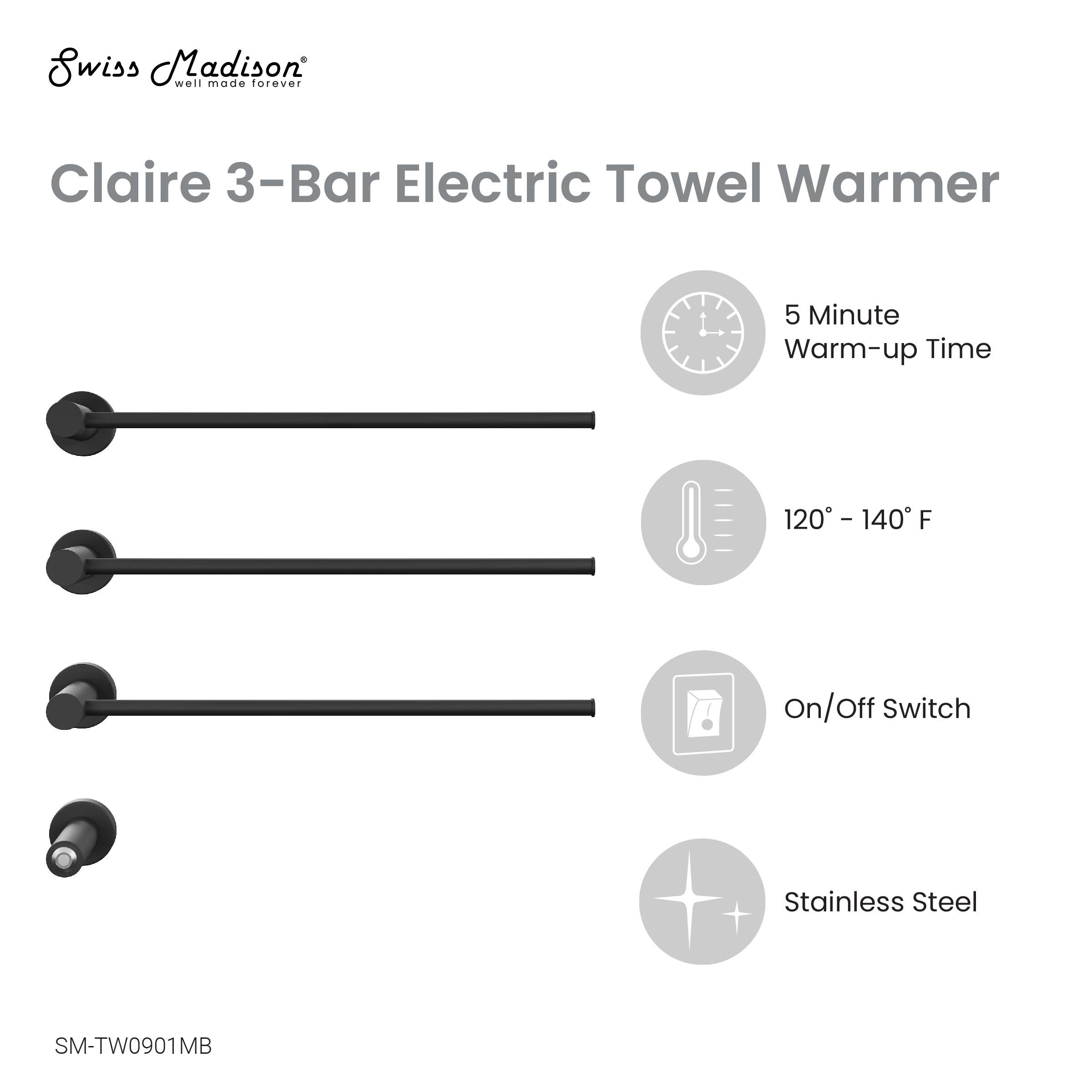 Swiss Madison - Wholesale Towel Holder/Hanger - Claire 3-Bar Electric Towel Warmer in Matte Black3