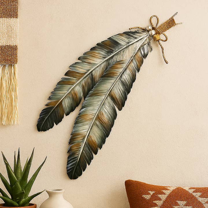 Metal Neutral Double Feather Wall Hanging for wholesale by De Leon Collections