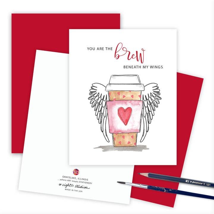 Anniversary Beneath My Wings Coffee Love Card Greeting Card for wholesale by Eight21 Studios + Unique Greeting Cards, Art and Stationery
