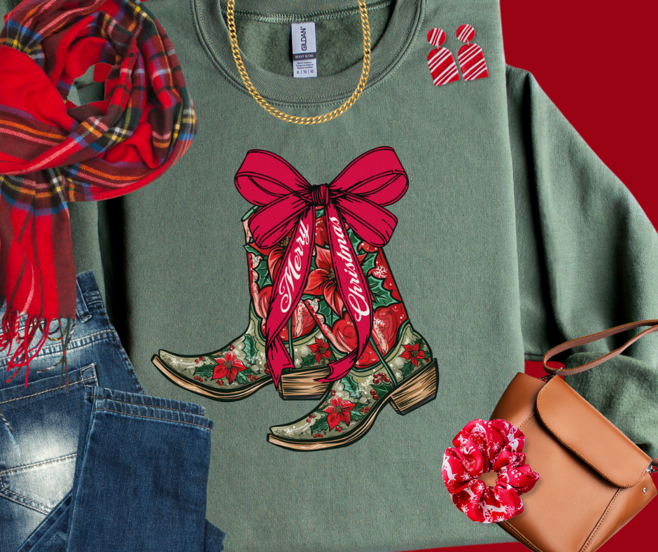 The Red Rival Wholesale - Wholesale Graphic Sweatshirt - Women's - Merry Christmas Cowgirl Poinsettia Floral Boots Military Green Sweatshirt1