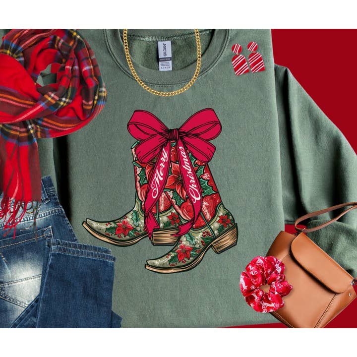 The Red Rival Wholesale - Wholesale Graphic Sweatshirt - Women's - Merry Christmas Cowgirl Poinsettia Floral Boots Military Green Sweatshirt1