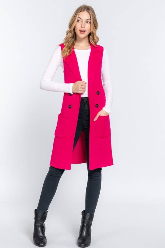 Active Basic | Active USA - Wholesale Outerwear Vest - Women's - Sleeveless Notched Collar Long Sweater Vest6