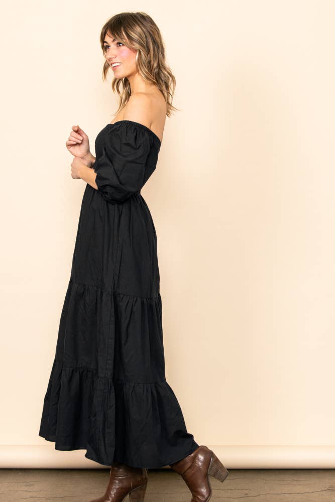 Elloh Collection - Wholesale Dress - Women's - On Off Shoulder Half Sleeve Cotton Smocked Tiered Maxi Dress9