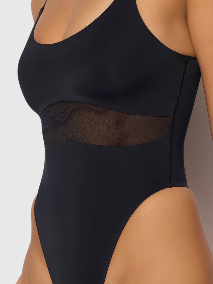 Black KATRINA MICRO & MESH HIGH HIP SHAPING BODYSUIT for wholesale on Faire