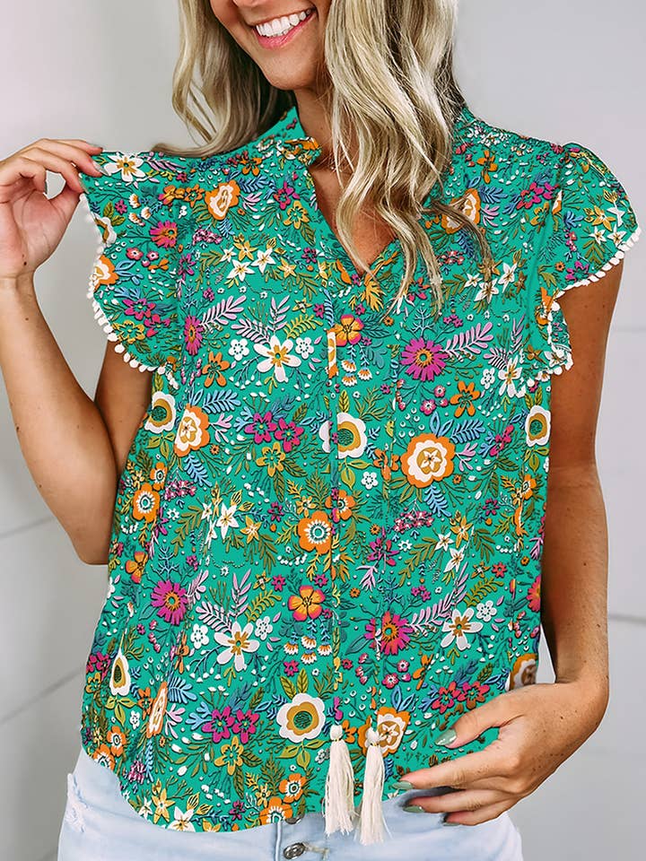 Women's Lace Trim Flutter Sleeve Tropical Floral Blouse for wholesale by Lovesoft