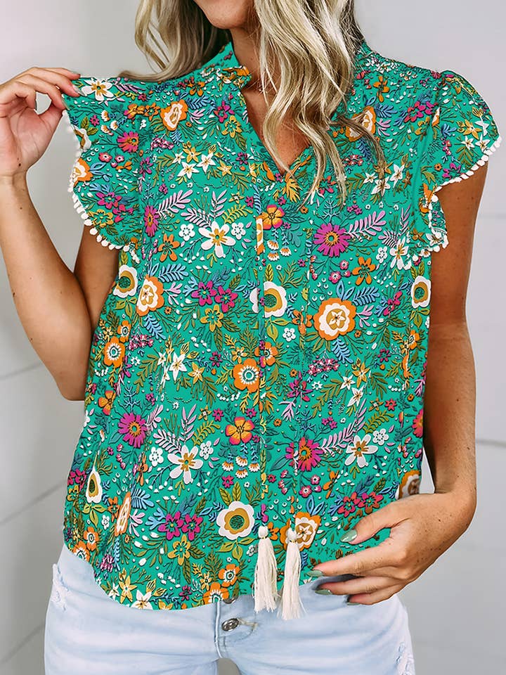 Lovesoft - Wholesale Blouse - Women's - Women's Lace Trim Flutter Sleeve Tropical Floral Blouse