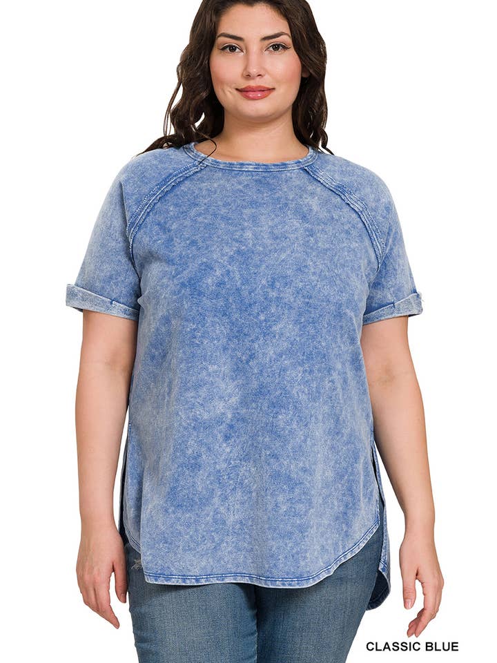 42POPS - Wholesale T-Shirt - Women's - ",,..SI-25676 PLUS SIZE FRENCH TERRY ACID WASH RAW EDGE RAGLAN