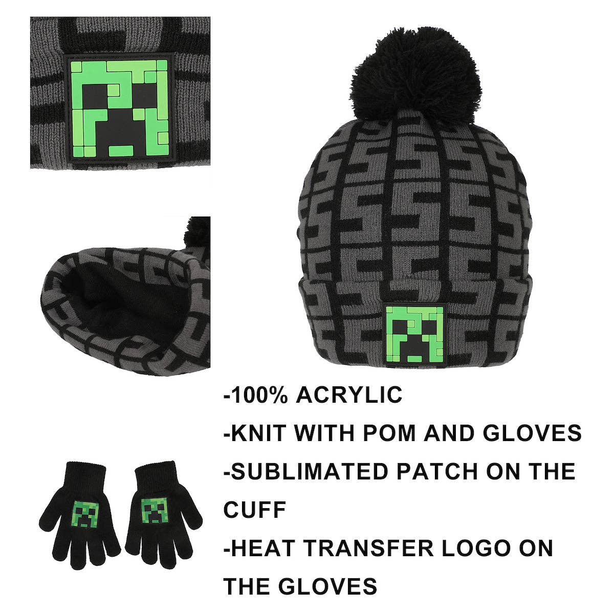 Bioworld Merchandising - Wholesale Beanie - Kids - Minecraft SSSS Creeper Toddler Black 2-Piece Knit Beanie & Gloves Set6