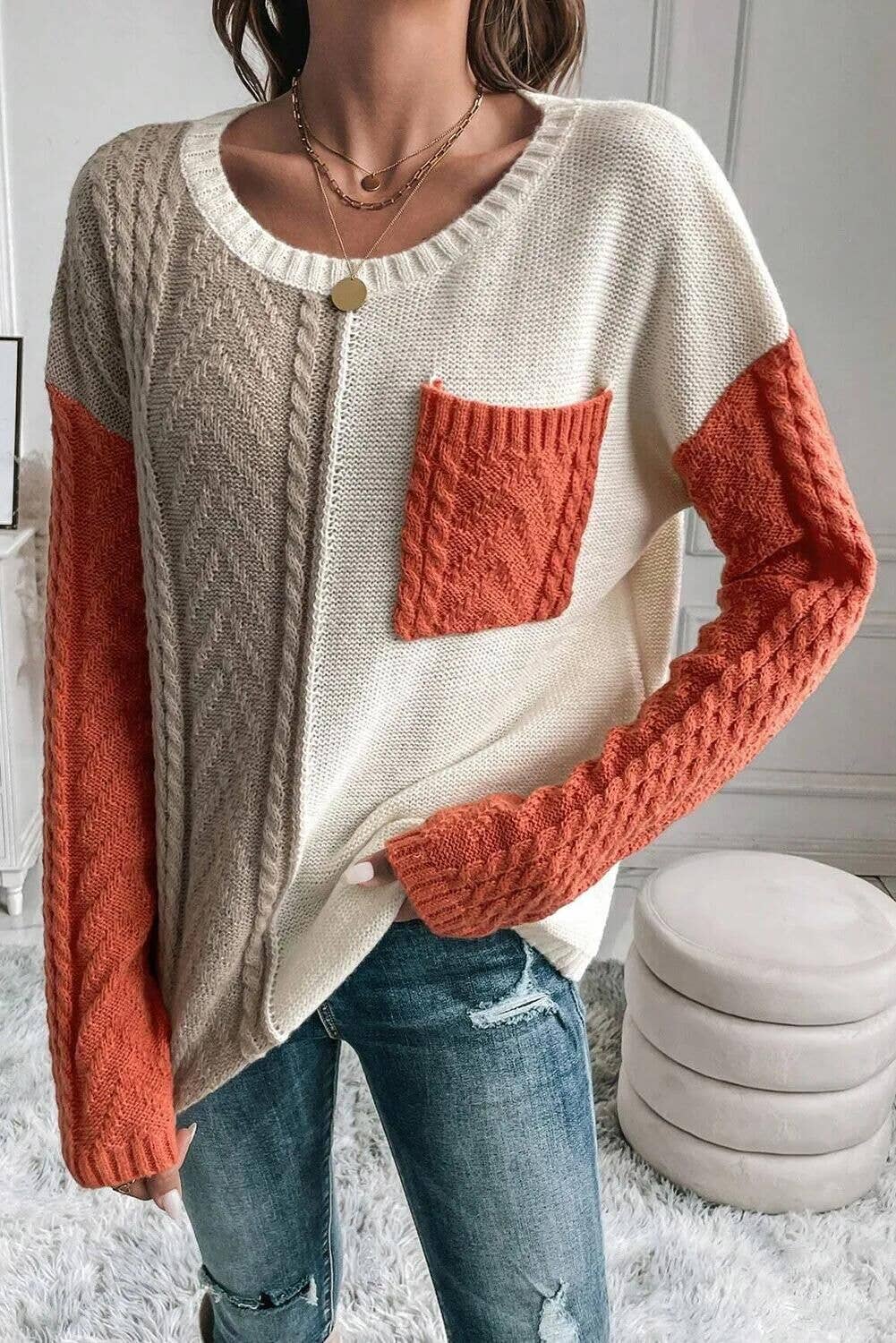 Lily Clothing - Wholesale Knit Sweater - Women's - CASUAL PATCHWORK POCKET PULLOVER SWEATER2