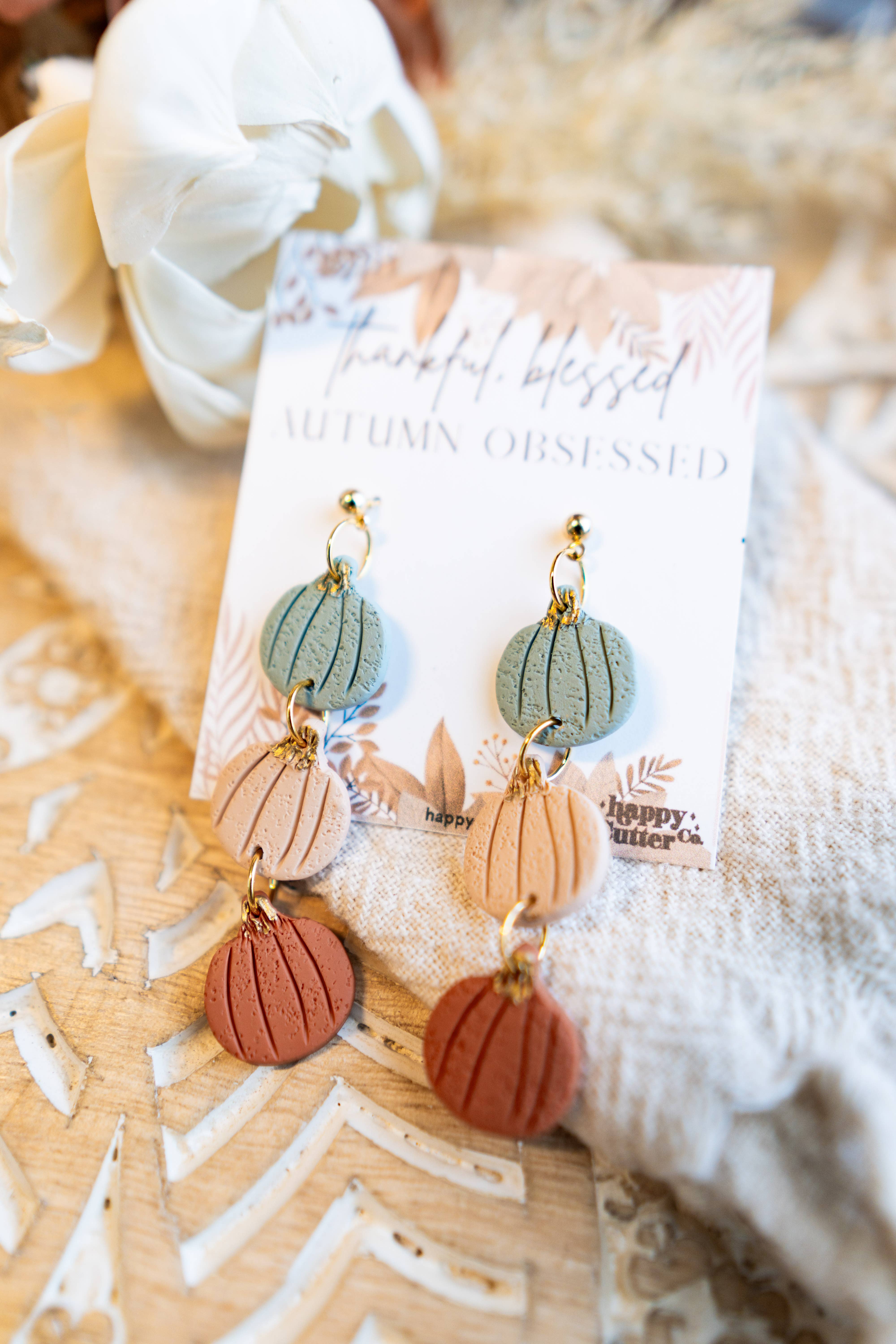 Happy Cutter Co - Wholesale Dangle Earrings - Pumpkin Dangle Earrings | Triple Pumpkin Fall Clay Earrings2