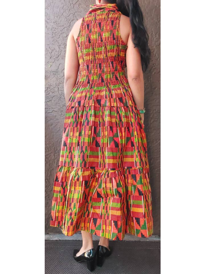 India Batik - Wholesale Dress - Women's - 3028L Smocked Dress/Head Scarf - Orange Kente