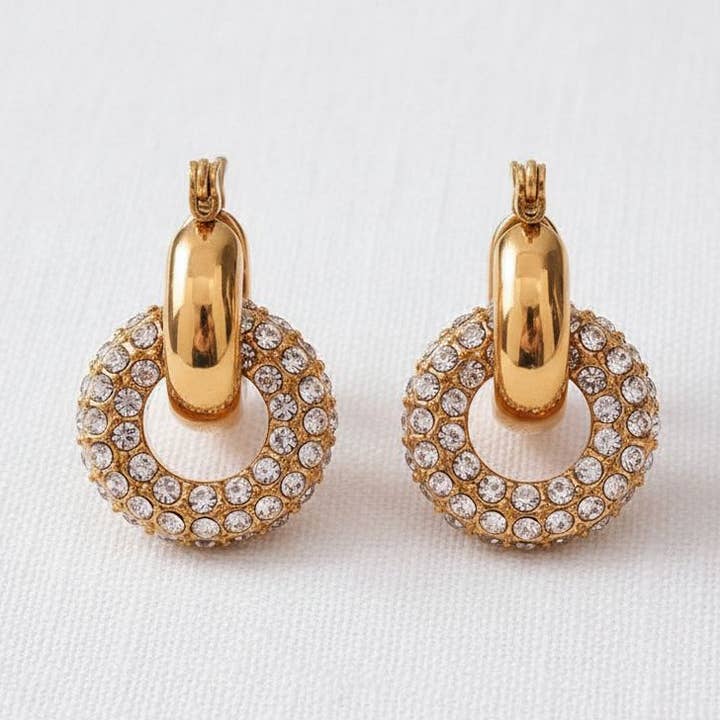 Gold Circle Hoop Earrings with White Accents for wholesale by paperln