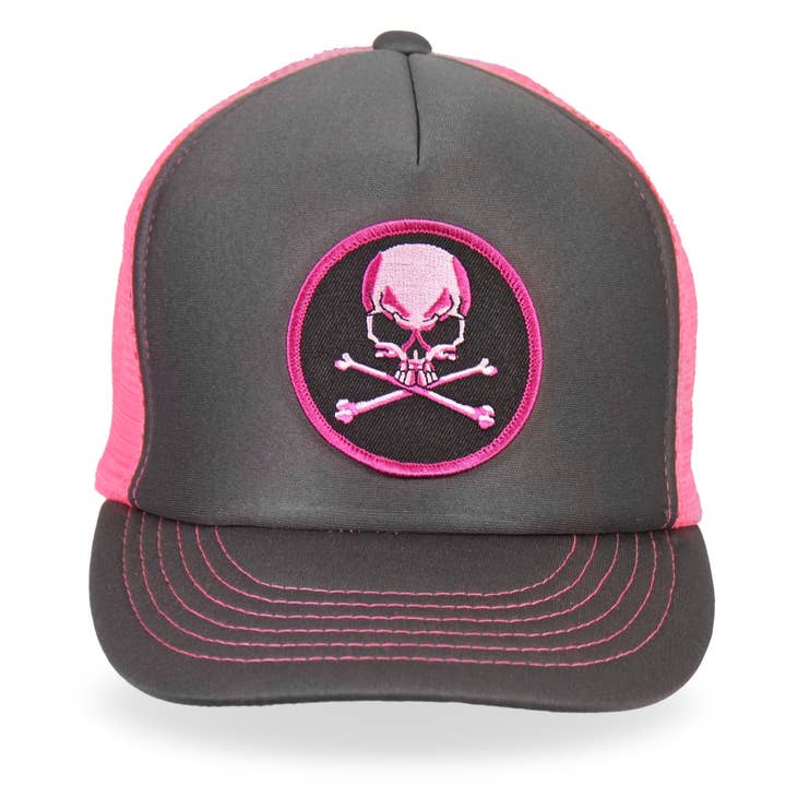 Hot Leathers GSH1011 Skull and Crossbones Grey and Pink Trucker Hat for wholesale by Hot Leathers
