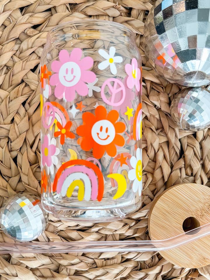 Retro Flower Smiley Face Peace Coffee Beer Can Glass Mug for wholesale by Wild Souls Co