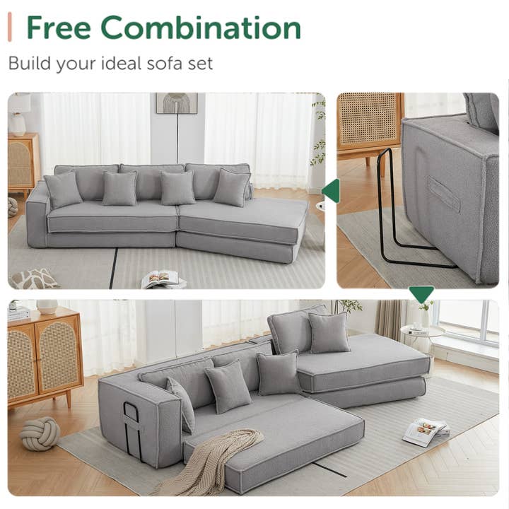 Gray Convertible 3-Seat Sleeper Sofa Bed with Lamb Velvet Fabric for wholesale on Faire
