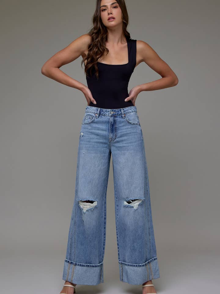 Medium Light Cuffed Classic Distressed Wide leg for wholesale by Hidden Jeans