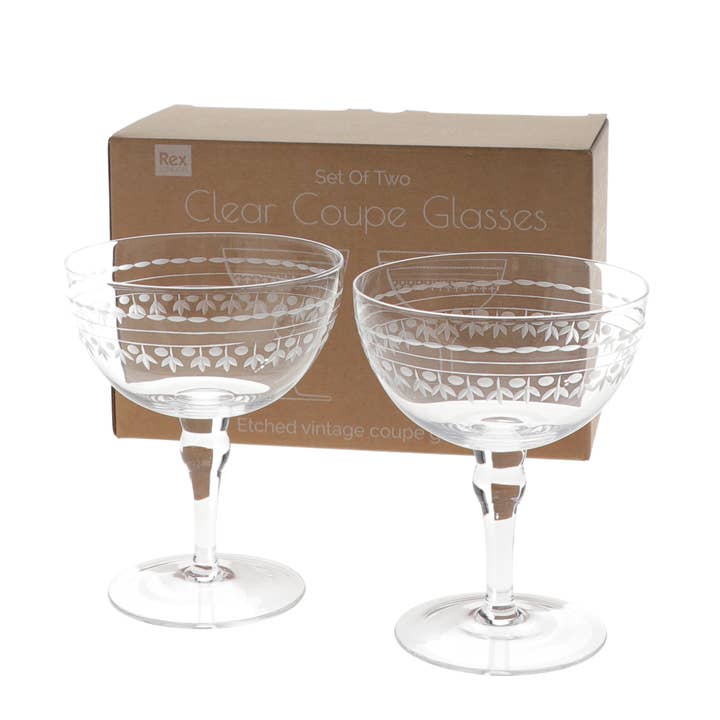 Vintage etched coupe glasses 200ml (set of 2) - Clear for wholesale by Rex B2B - UK