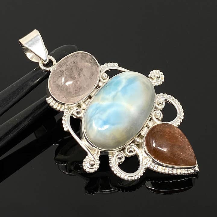 Gemstone Pendant - Larimar, Morganite and Sunstone , Wire Wrapped Pendant, Silver Jewelry Gifts for Her, Bohemian Jewelry for wholesale by Akstar Gems