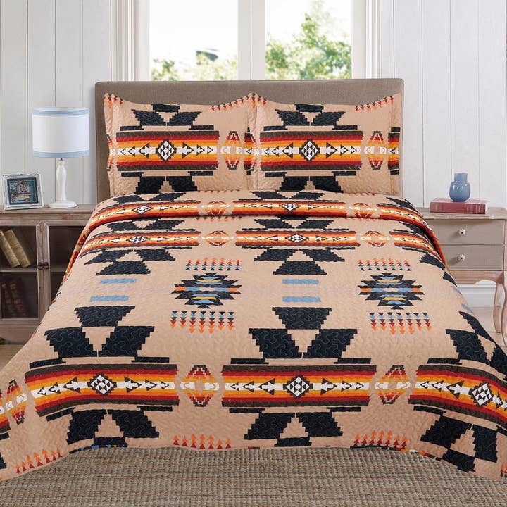 Western Linens - Wholesale Bedding Set - Cream Navajo 3pc Bedspread Quilt