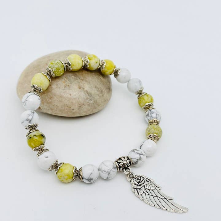 Mio Queena - Wholesale Beaded Bracelet - 8mm Natural Stone Elastic Bracelets Wing Pendant