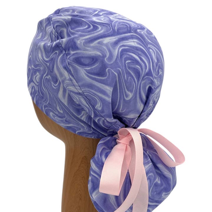 SewingLabPlus - Wholesale Healthcare Uniform - Women's - Purple Marble Scrub Cap Pony Tail Scrub Hat Ribbon Tie 4