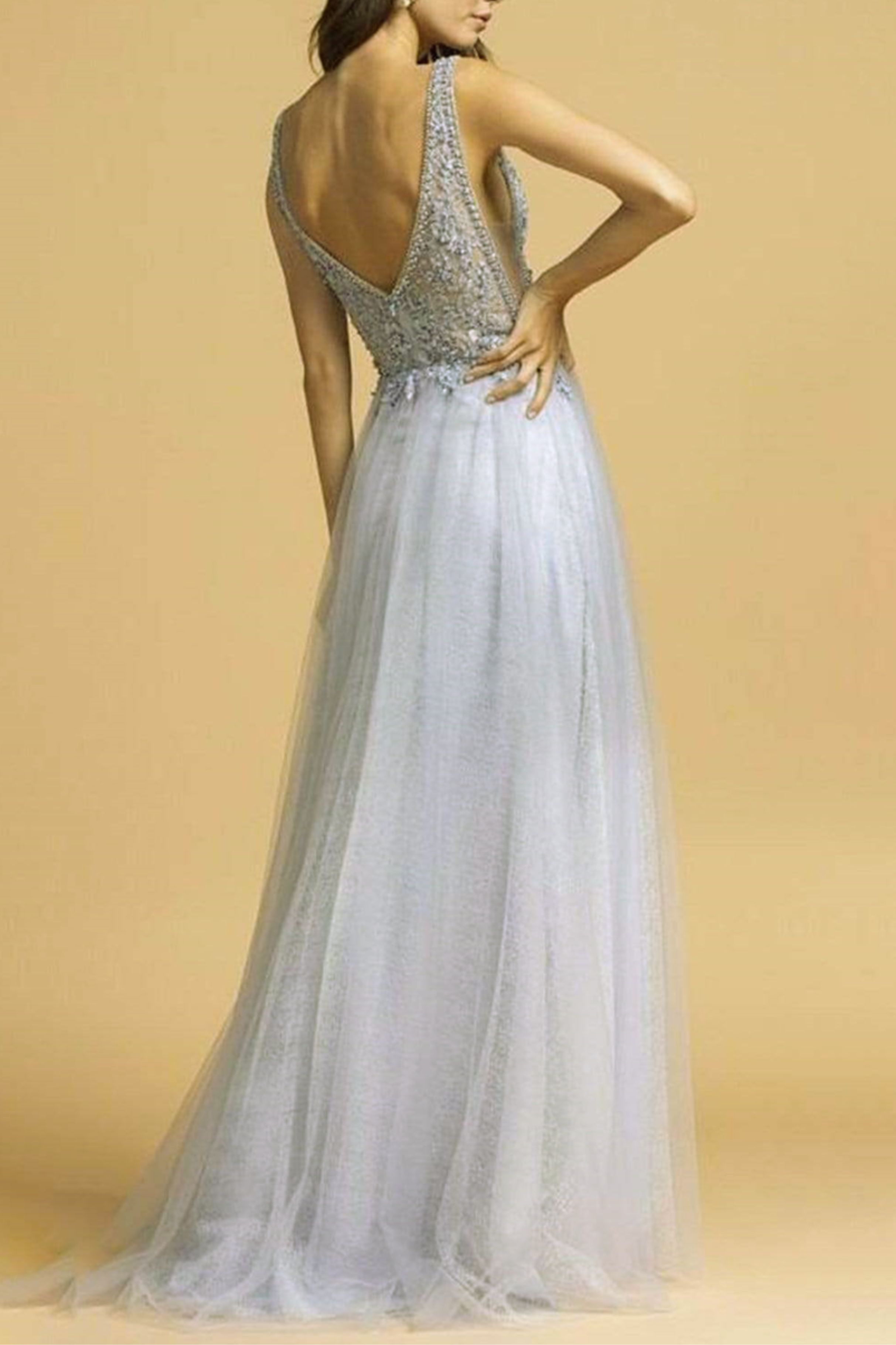SILVER Aspeed Embellished V-Neck A-Line Evening Gown for wholesale on Faire1