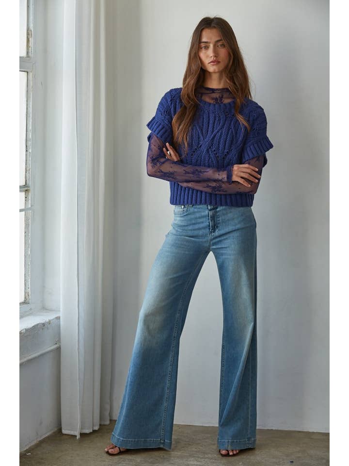 By Together - Vente Haut en maille – femme - W1124 | Pull en tricot à col rond et manches courtes en crochet7