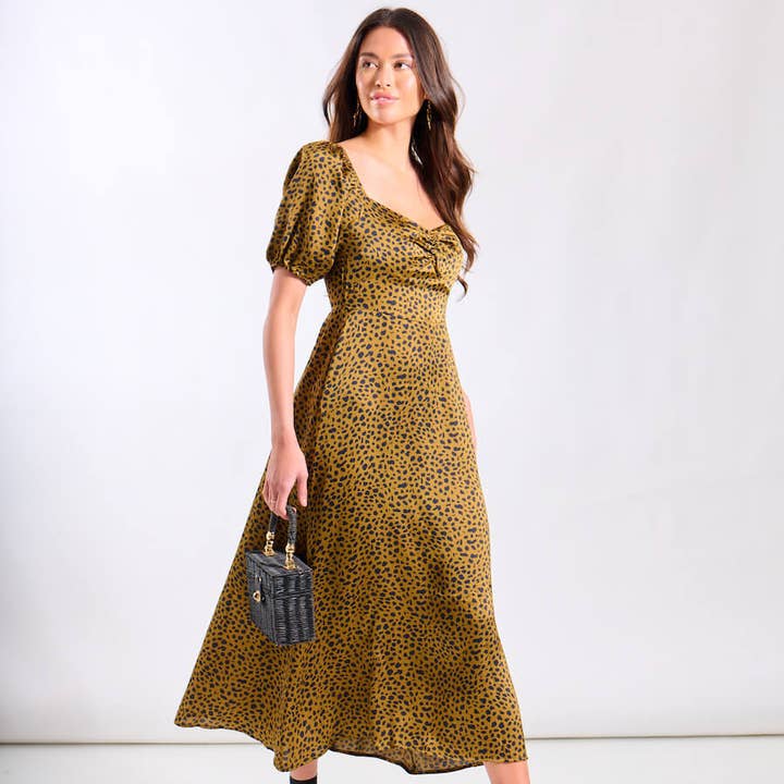 Brown Animal Satin Sweetheart Neck Midi Dress for wholesale by Needs No Label