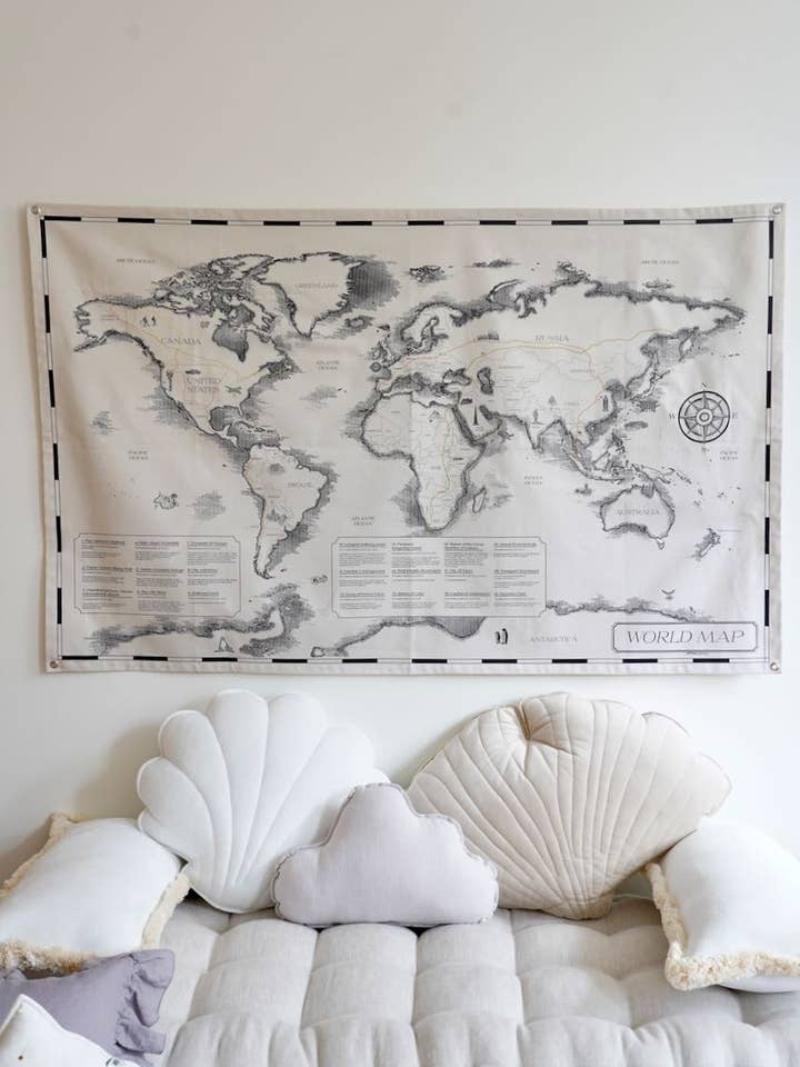 Cotton world map for children "Civilisational achievements" for wholesale by Moi Mili
