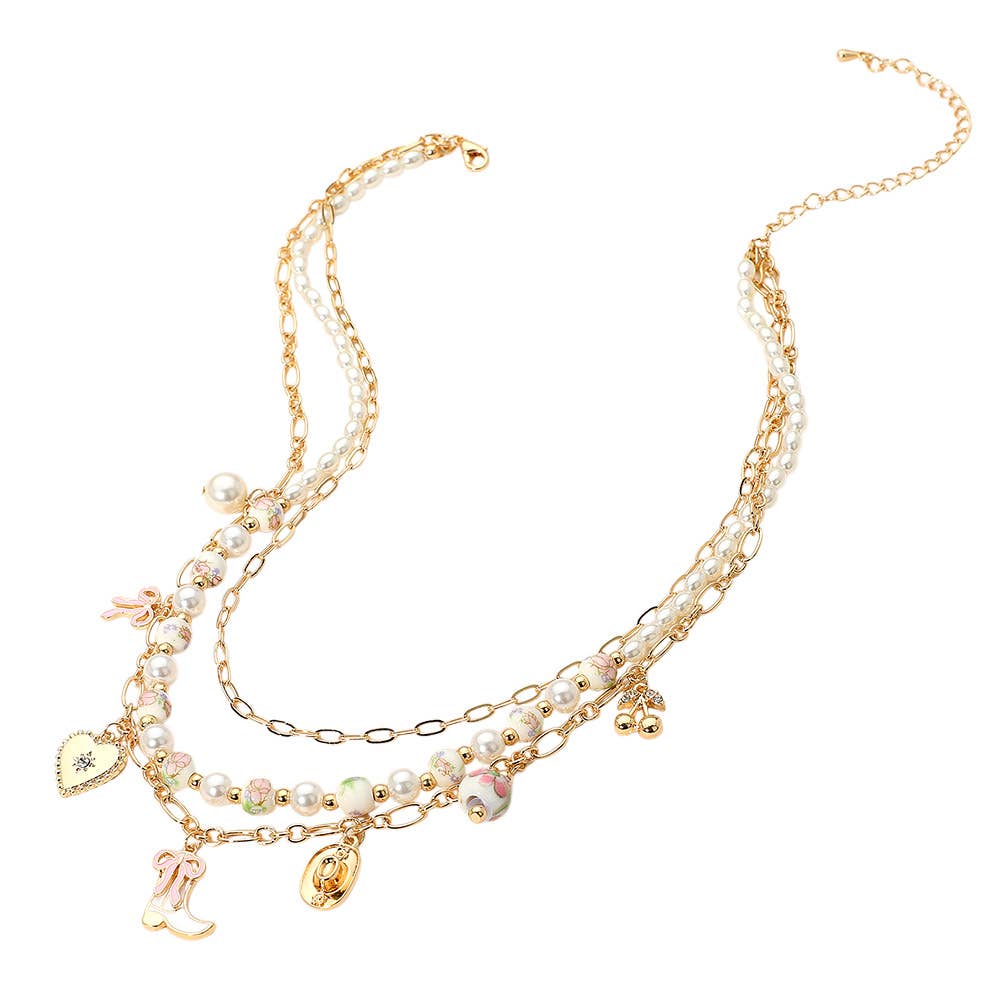 Sensibling Corp. - Wholesale Pendant/Charm Necklace - Western Cowboy Boot Hat Bow Cherry Heart Charm Station Pearl Floral Ceramic Ball Beaded Layered Necklace2