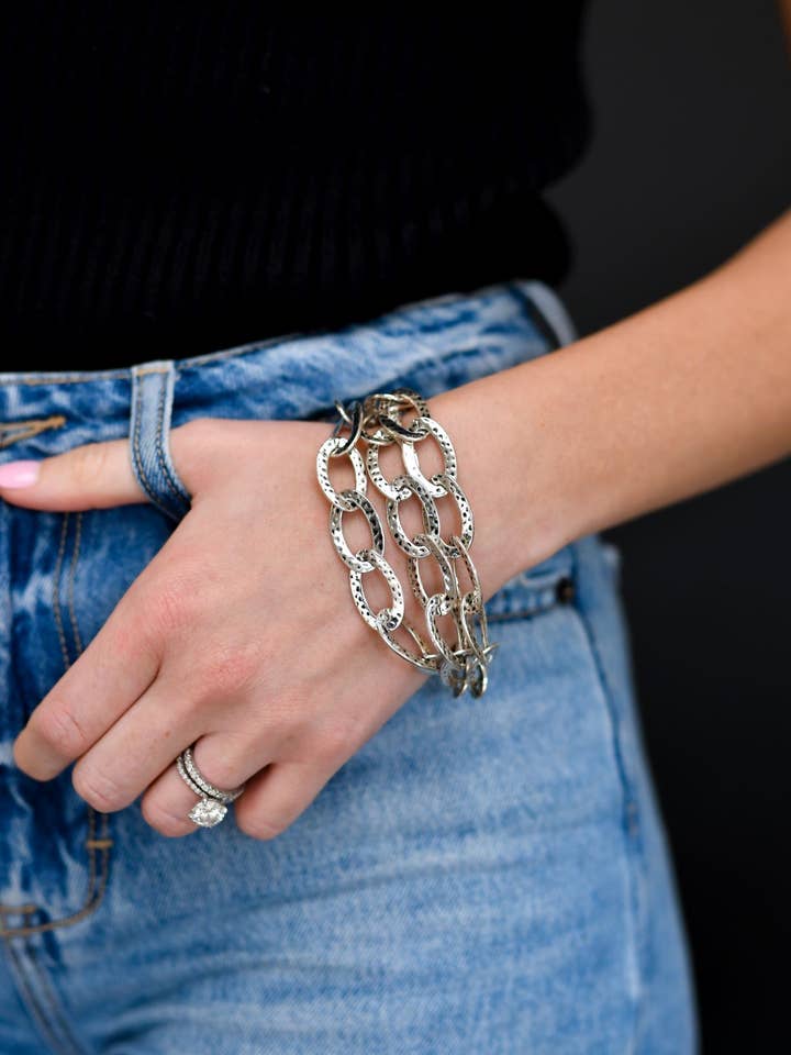 Hammered Silver three strand Chain Toggle Bracelet for wholesale by West & Co.