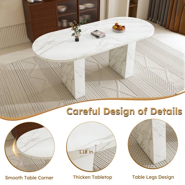 39F Inc. - Wholesale Coffee Table - 62.9 Inch Oval Dining Table for 6, Marble Top Kitchen Table with Wood Strip Base, Modern Farmhouse Dining Room Table with Waterproof Scratch Resistant Surface, White Marble Finish3