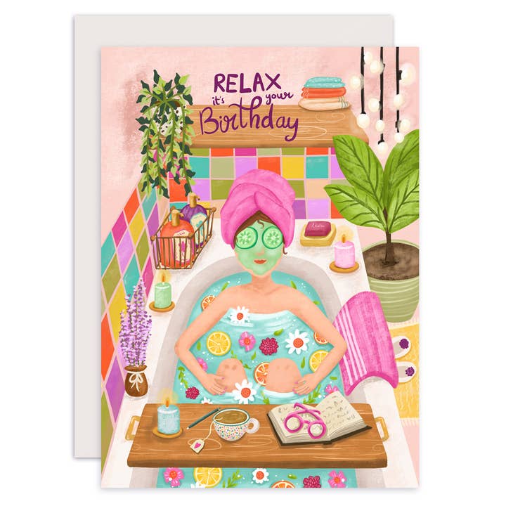 Aniet Illustration - Wholesale Birthday Card - Woman's birthday card in the bath relax it's your birthday