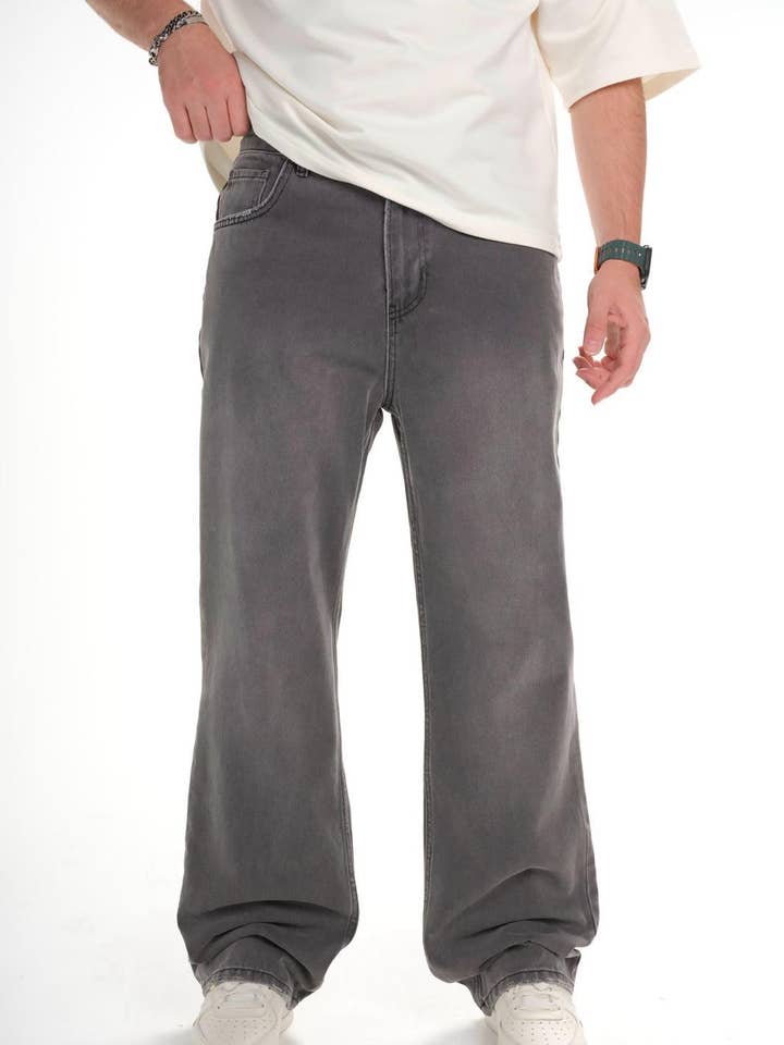 Mens Grey Wide Leg Washed Denim Jeans B9505 for wholesale by Monocloth