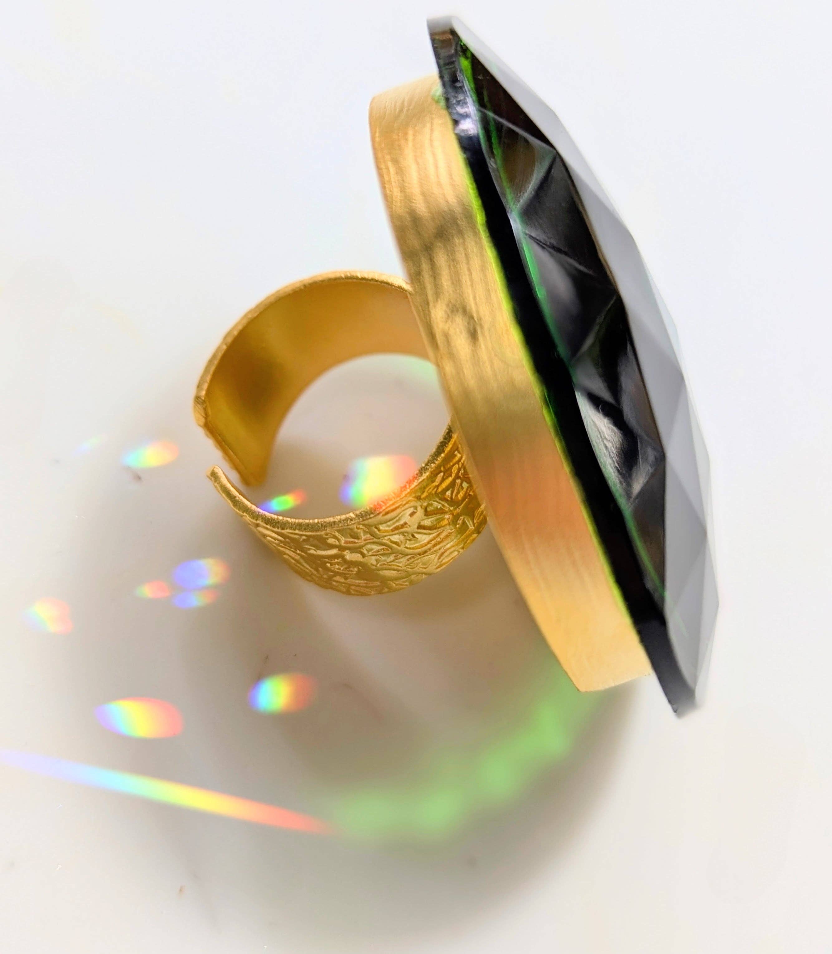 Gay Isber Designs - Wholesale Cocktail/Statement Ring - Jumbo Vintage Green-Faceted Stone Ring - Unisex, Adjustable Gold-Plated Base - Free Shipping in the US7