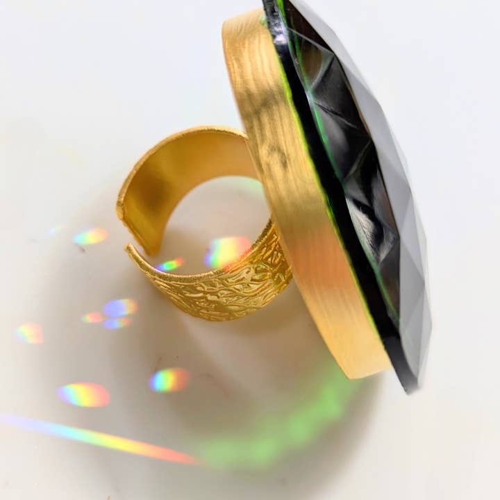 Gay Isber Designs - Wholesale Cocktail/Statement Ring - Jumbo Vintage Green-Faceted Stone Ring - Unisex, Adjustable Gold-Plated Base - Free Shipping in the US7