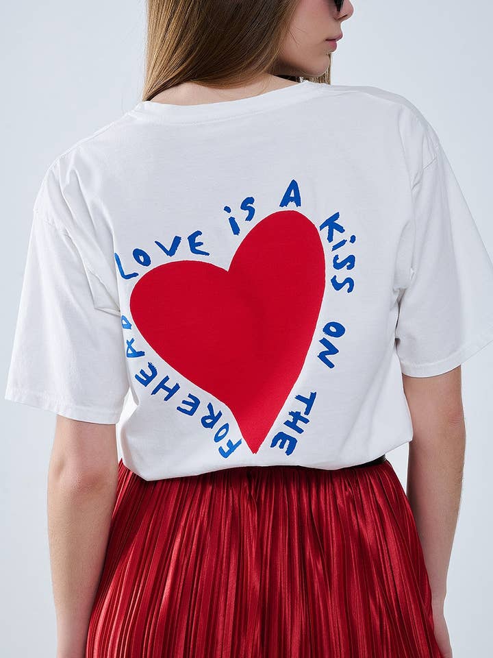 Relaxed white T-shirt featuring a heart design on both the front and back for wholesale on Faire