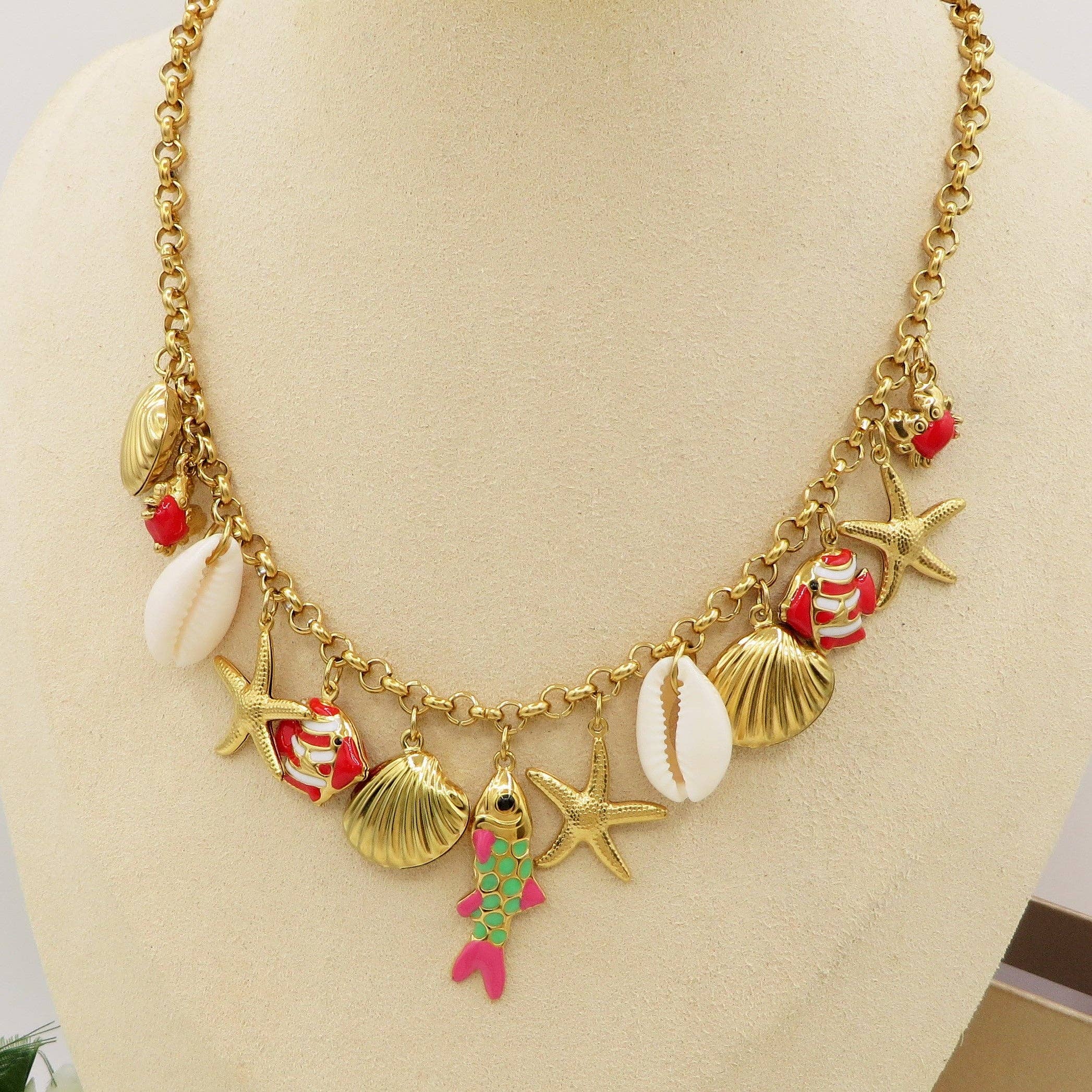 Daemon srls - Wholesale Pendant/Charm Necklace - REEF - Collana con MAXI charms marini smaltati in ACCIAIO INOSSIDABILE +  conchiglie madreperla2