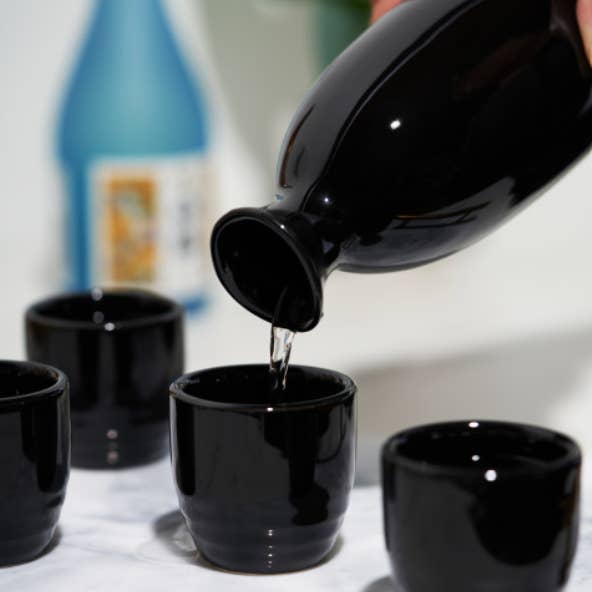TRUE - Wholesale Drinking Glass/Cup - Moga Black Glazed Porcelain Sake Set - Set of 5