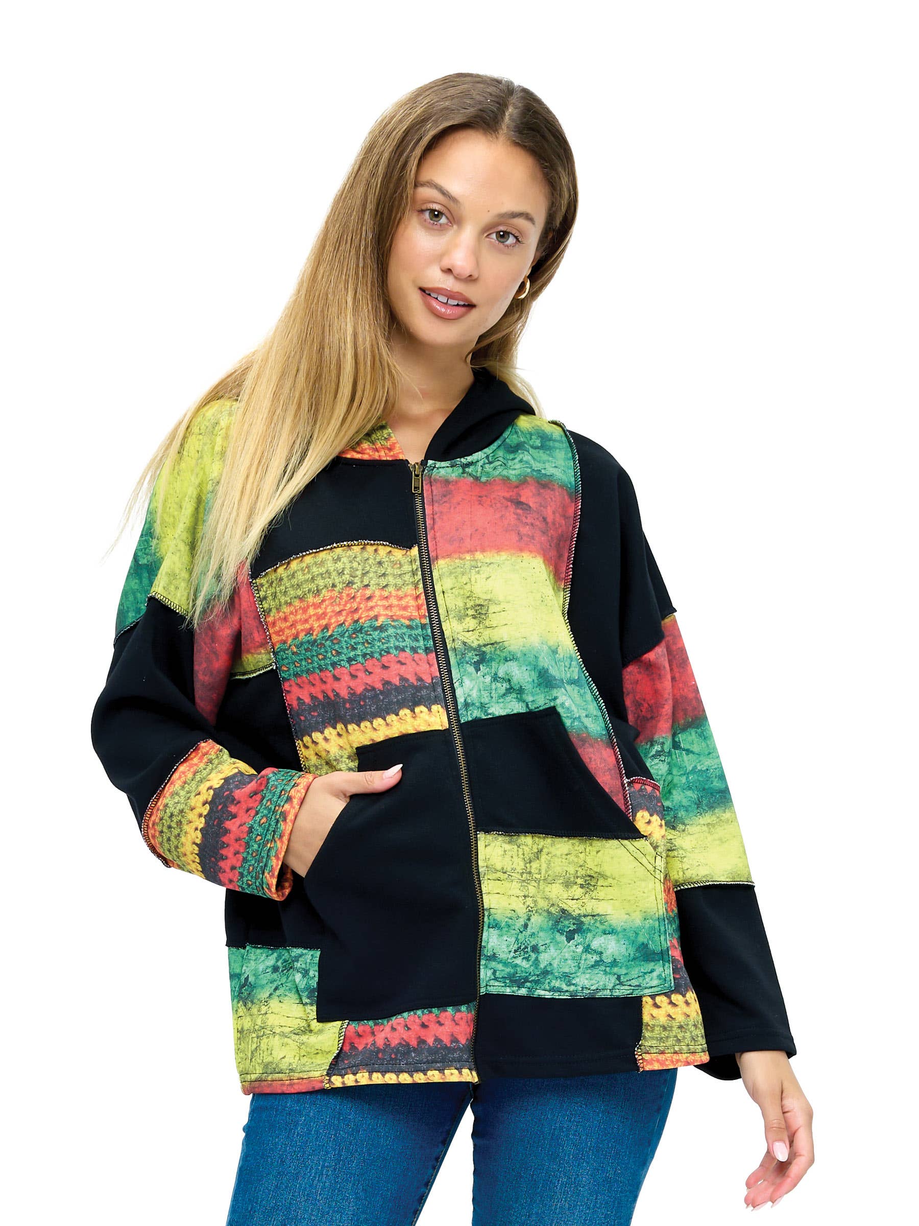 Zip-up Hoodie Patchwork Rasta Colorblock for wholesale on Faire0