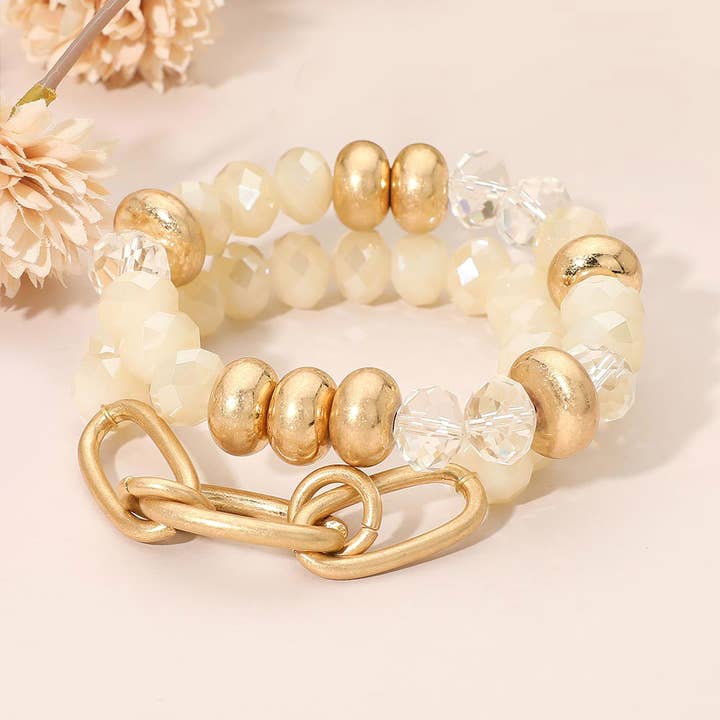 2PCS - Pulseras elásticas multicapa con cuentas facetadas y acento de eslabón ovalado para venta al por mayor de Sensibling Corp.